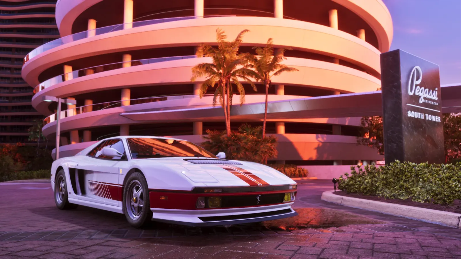 A white sports car outside the Pegasi South Tower