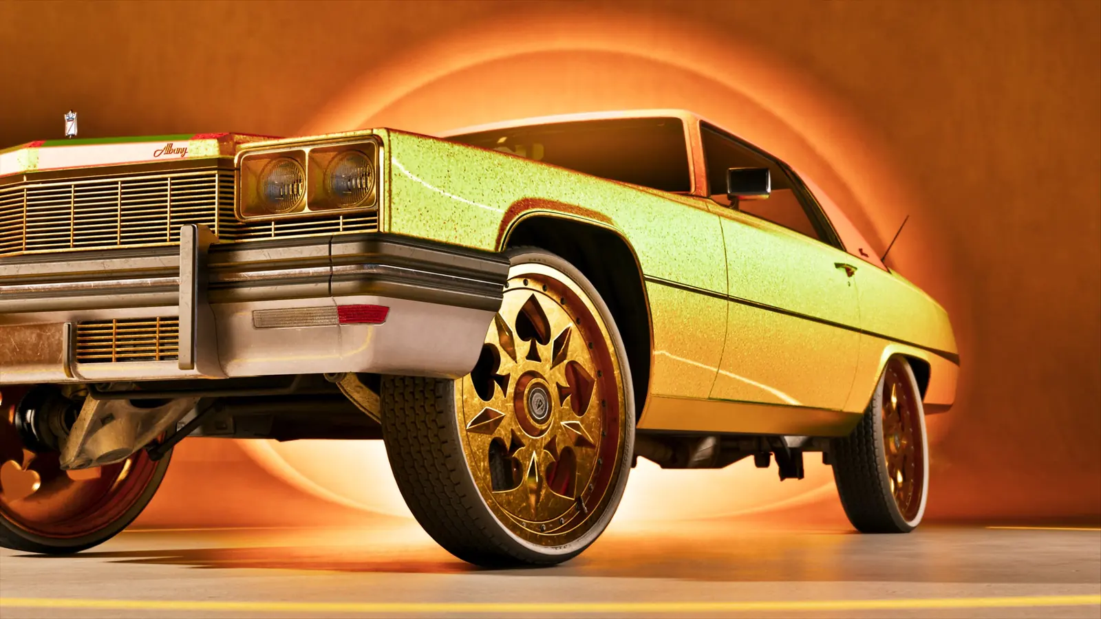 A gold-rimmed lowrider coupe