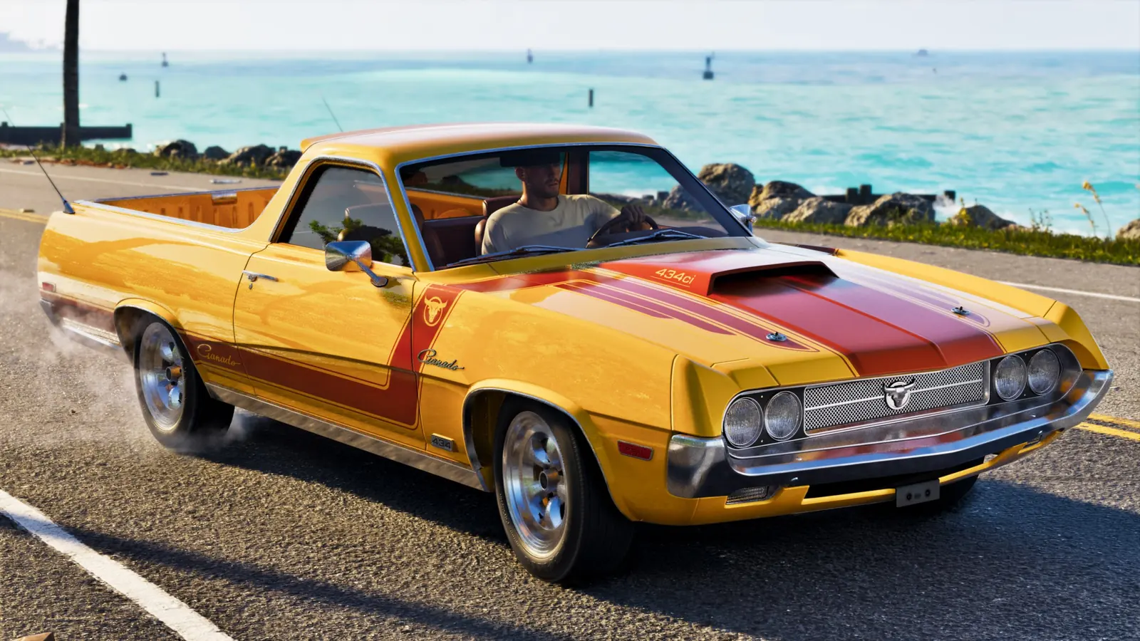 A yellow muscle pickup on the coast road