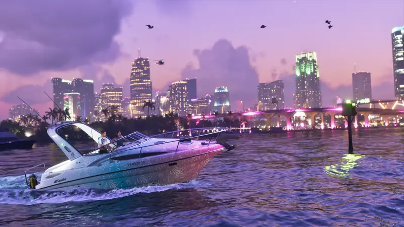 A cruiser racing across the water with the Vice City skyline glowing behind it