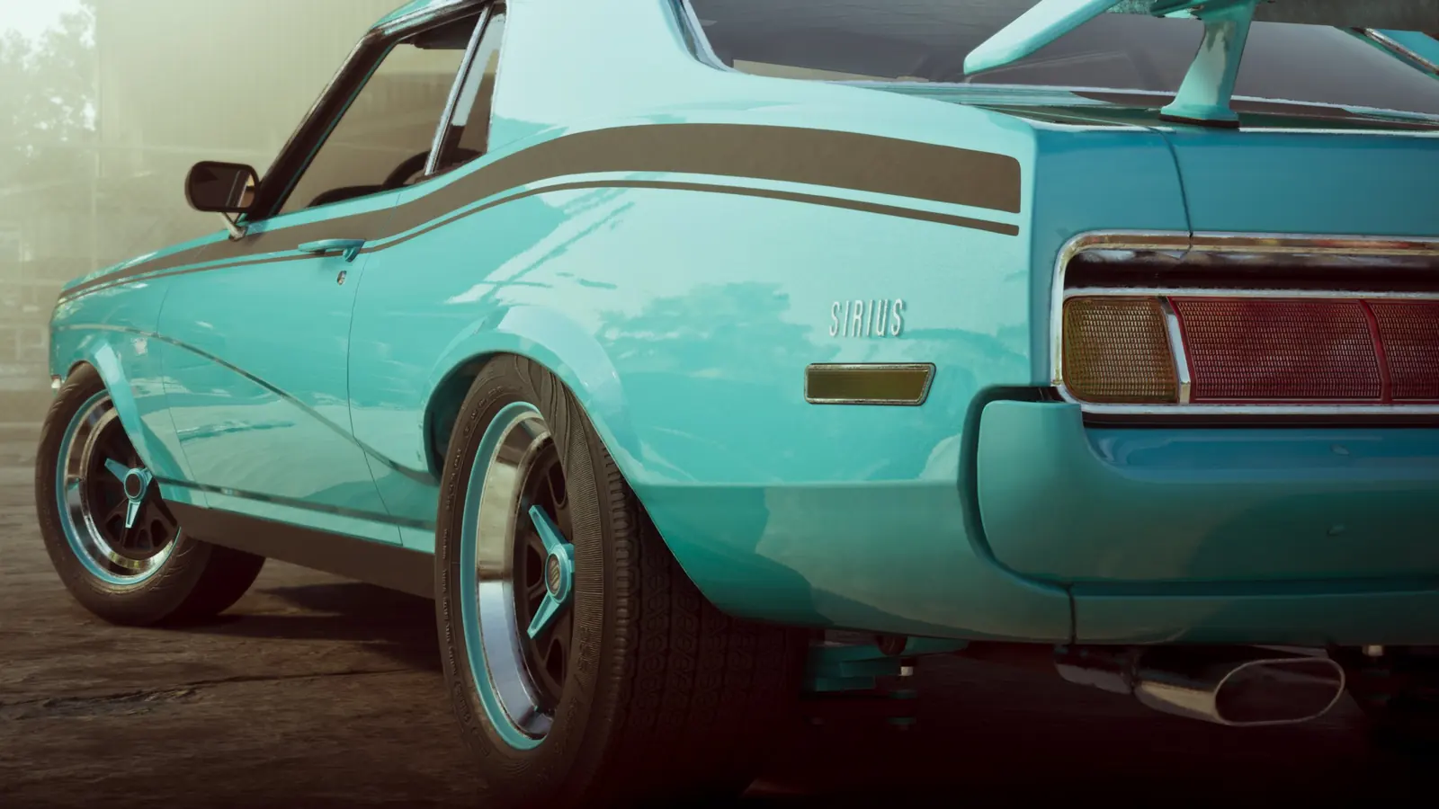 A teal muscle car at golden hour