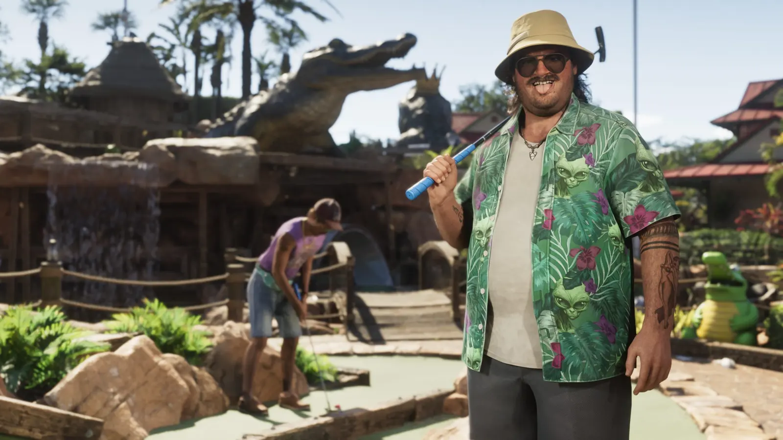 Mini golf with a gator-shaped obstacle
