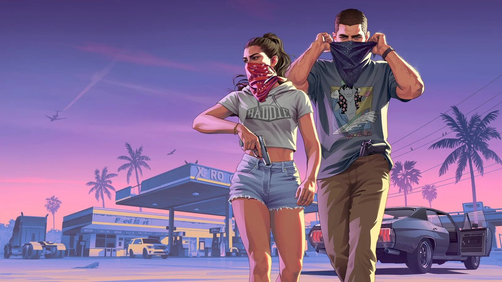 Jason and Lucia in bandanas outside a gas station at sunset