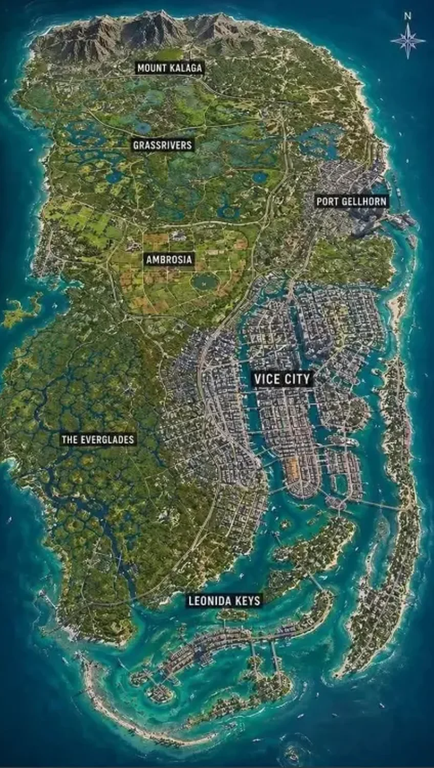 Illustrated map of the State of Leonida with Mount Kalaga, Grassrivers, Port Gellhorn, Ambrosia, Vice City and the Leonida Keys labeled